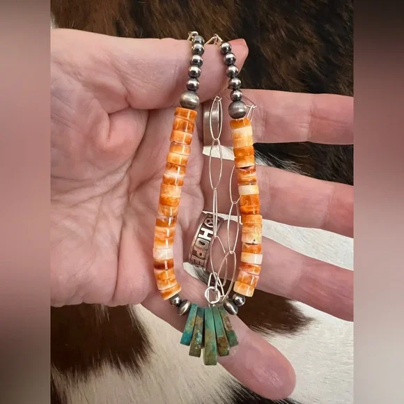 ❤️ Spiny Oyster Heishi Beads & 925 Desert Pearl Navajo Style Jacla Necklace 18” - Picture 3 of 14